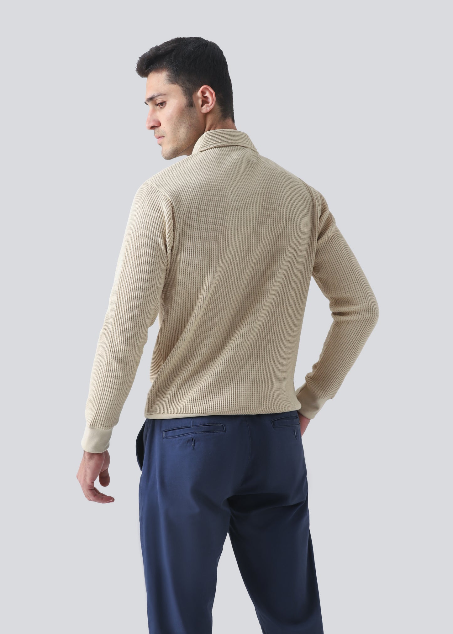 Waffle Knit Full Sleeves Regular Fit Polo-Beige