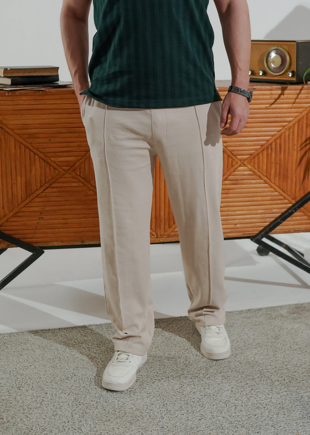 ZENETTI'S Signature Combo – Forest Green Johnny Collar Polo and Beige Pleated Trouser