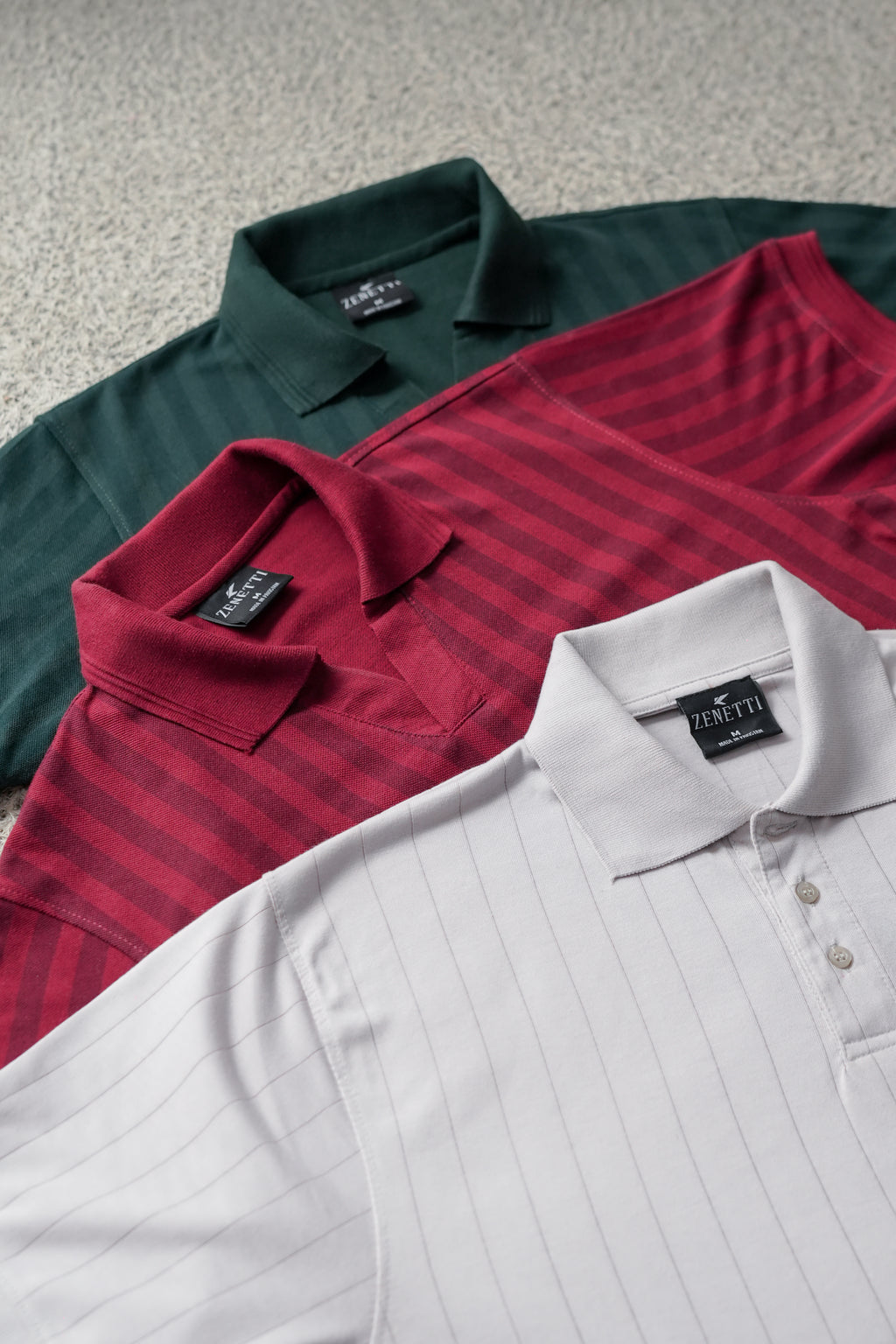 Pack of 3 – Green and Maroon Johnny Collar Polos with Ash Grey Drop Needle Polo