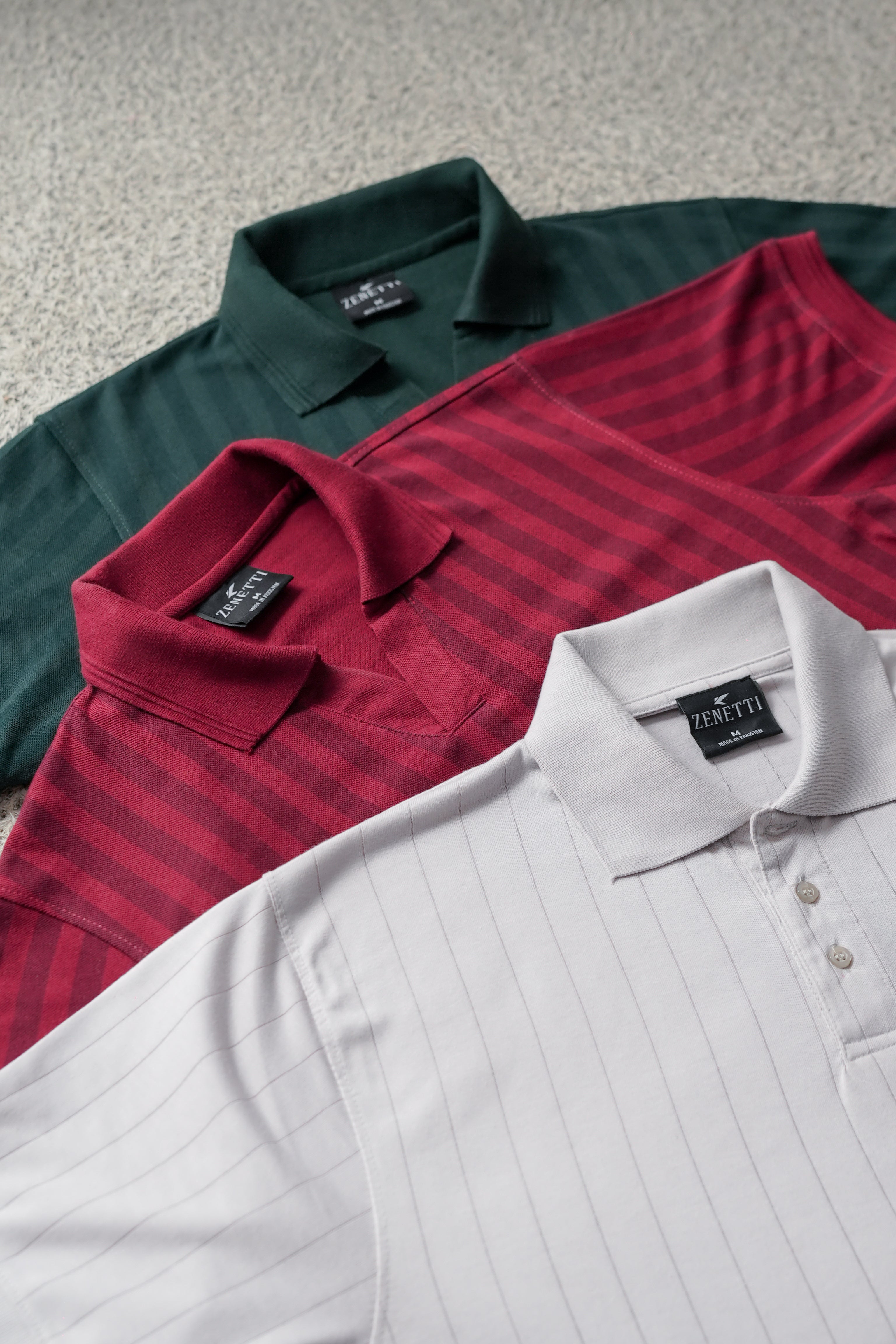 Pack of 3 – Green and Maroon Johnny Collar Polos with Ash Grey Drop Needle Polo