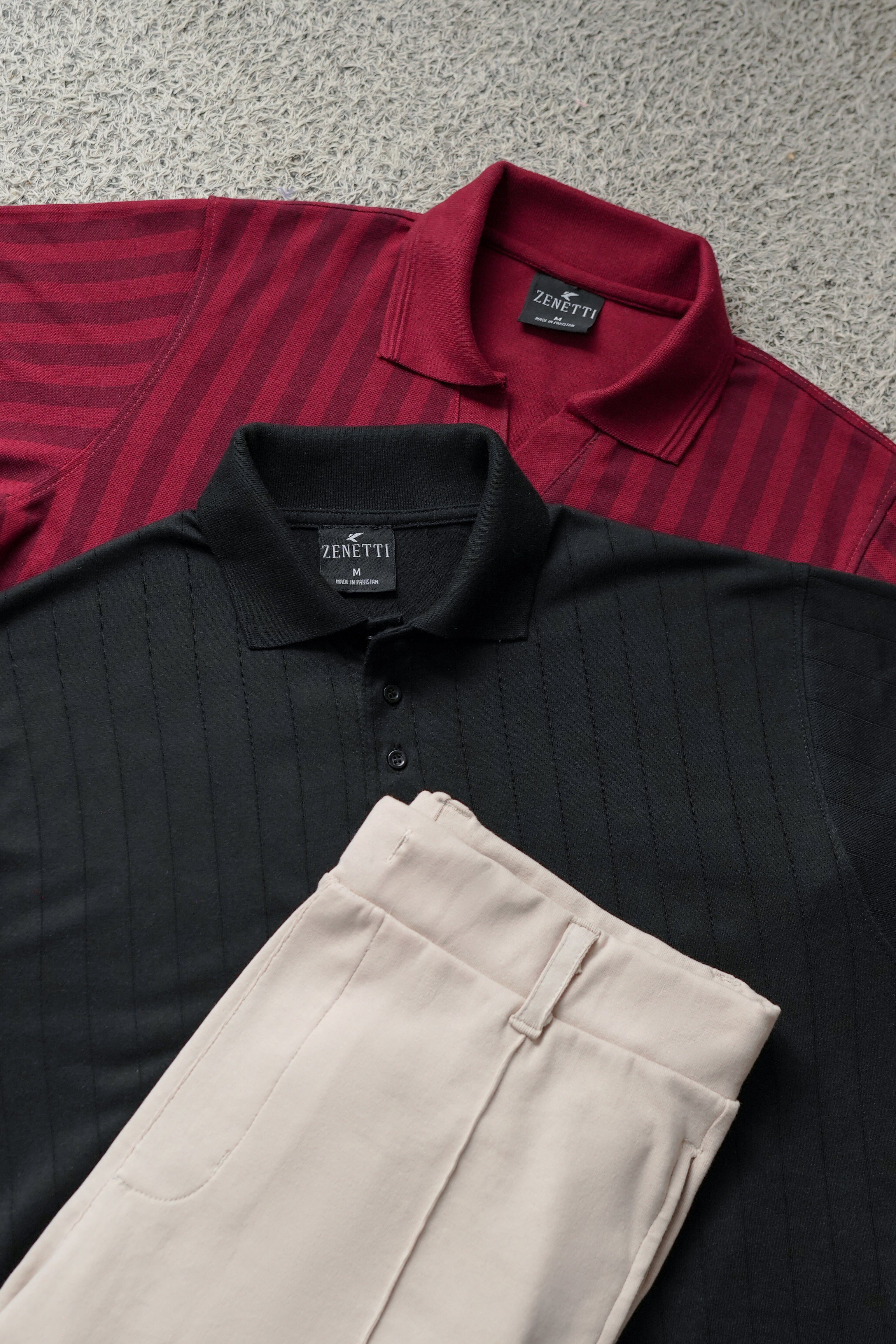Pack of 3 – Maroon and Black Polos with Beige Pleated Trouser