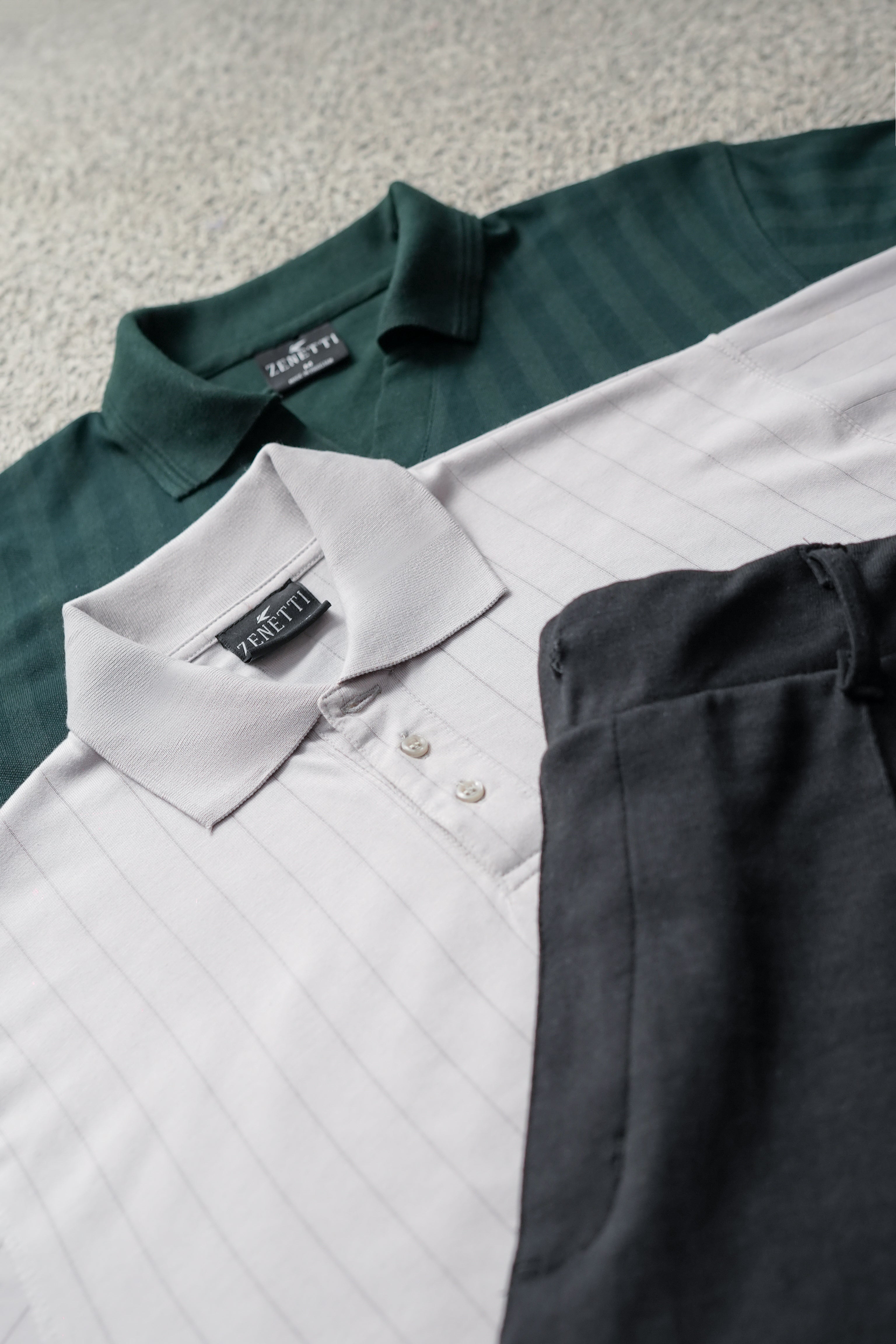 Pack of 3 – Forest Green and Ash Grey Polos with Black Pleated Trouser