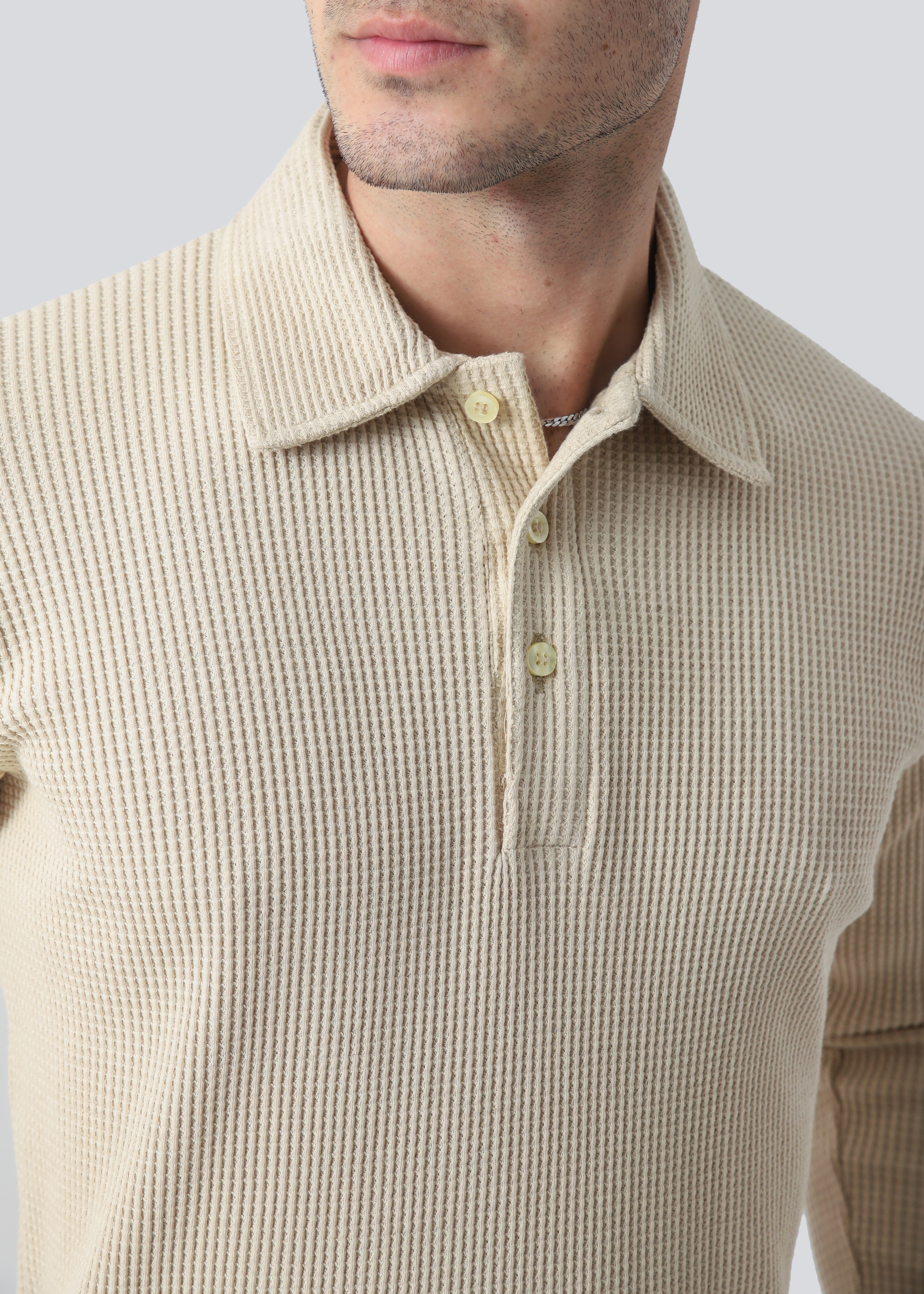 Waffle Knit Full Sleeves Regular Fit Polo-Beige