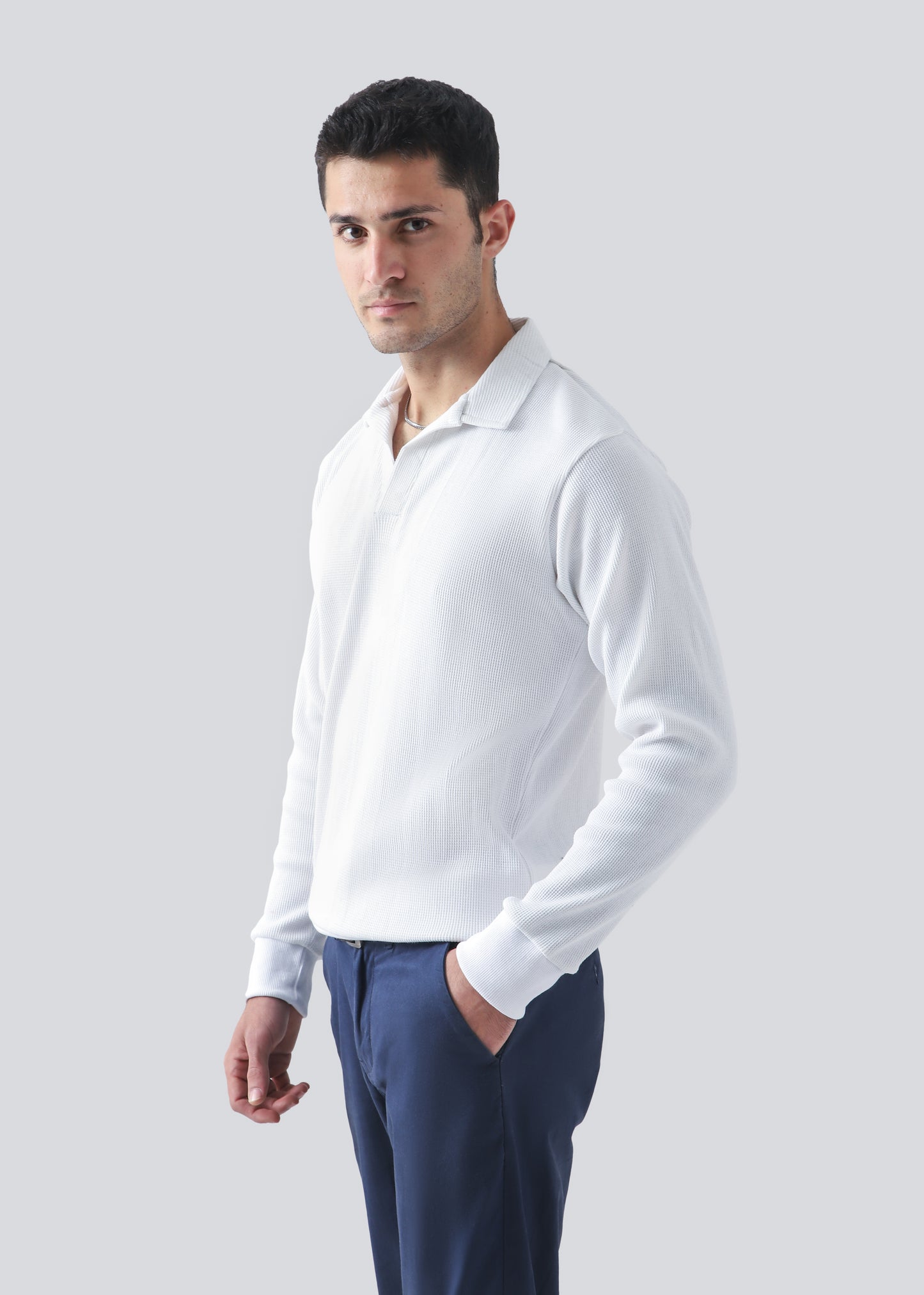 Waffle Knit Full Sleeves Relax Fit Polo-Brilliant White