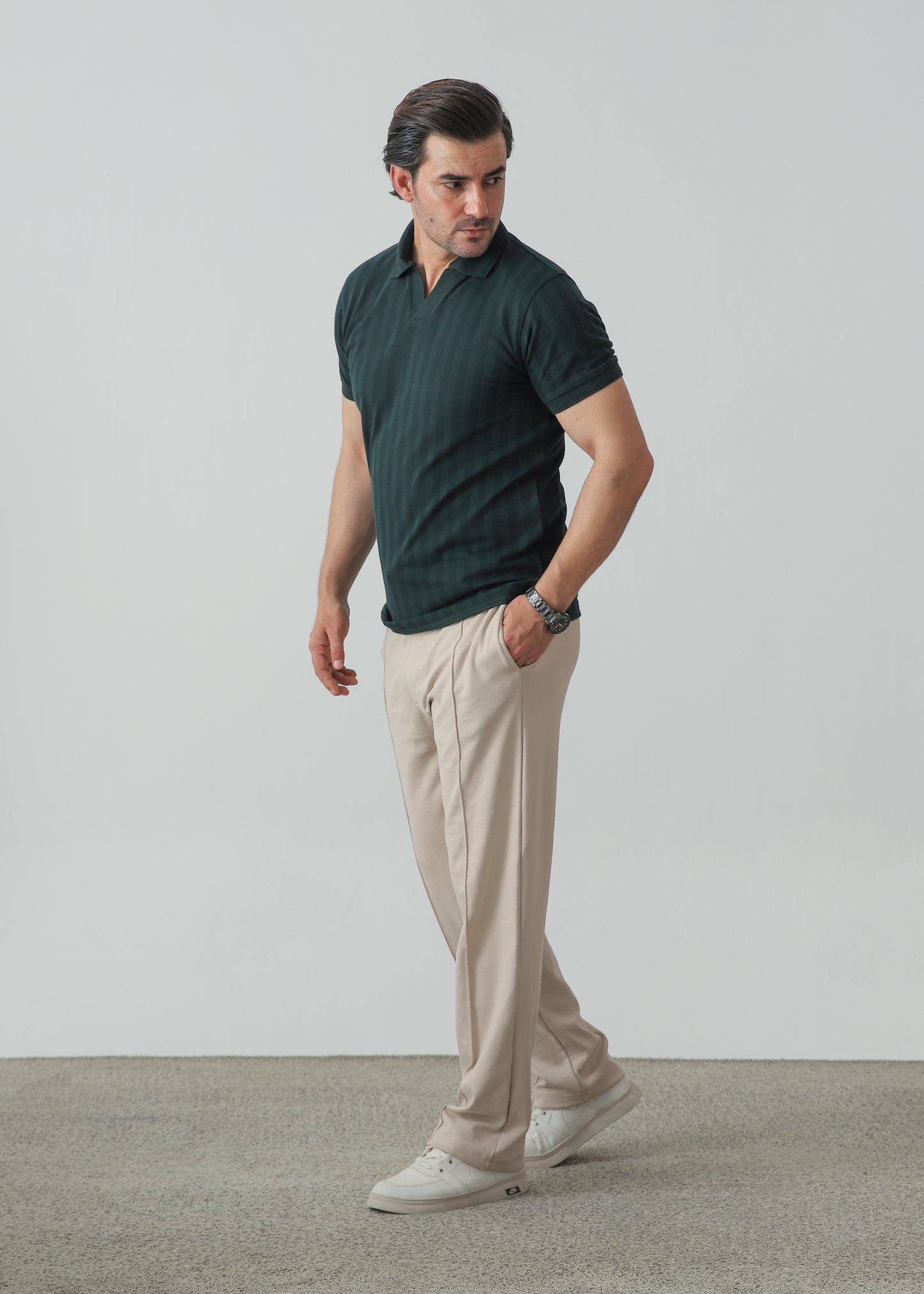 ZENETTI'S Signature Combo – Forest Green Johnny Collar Polo and Beige Pleated Trouser