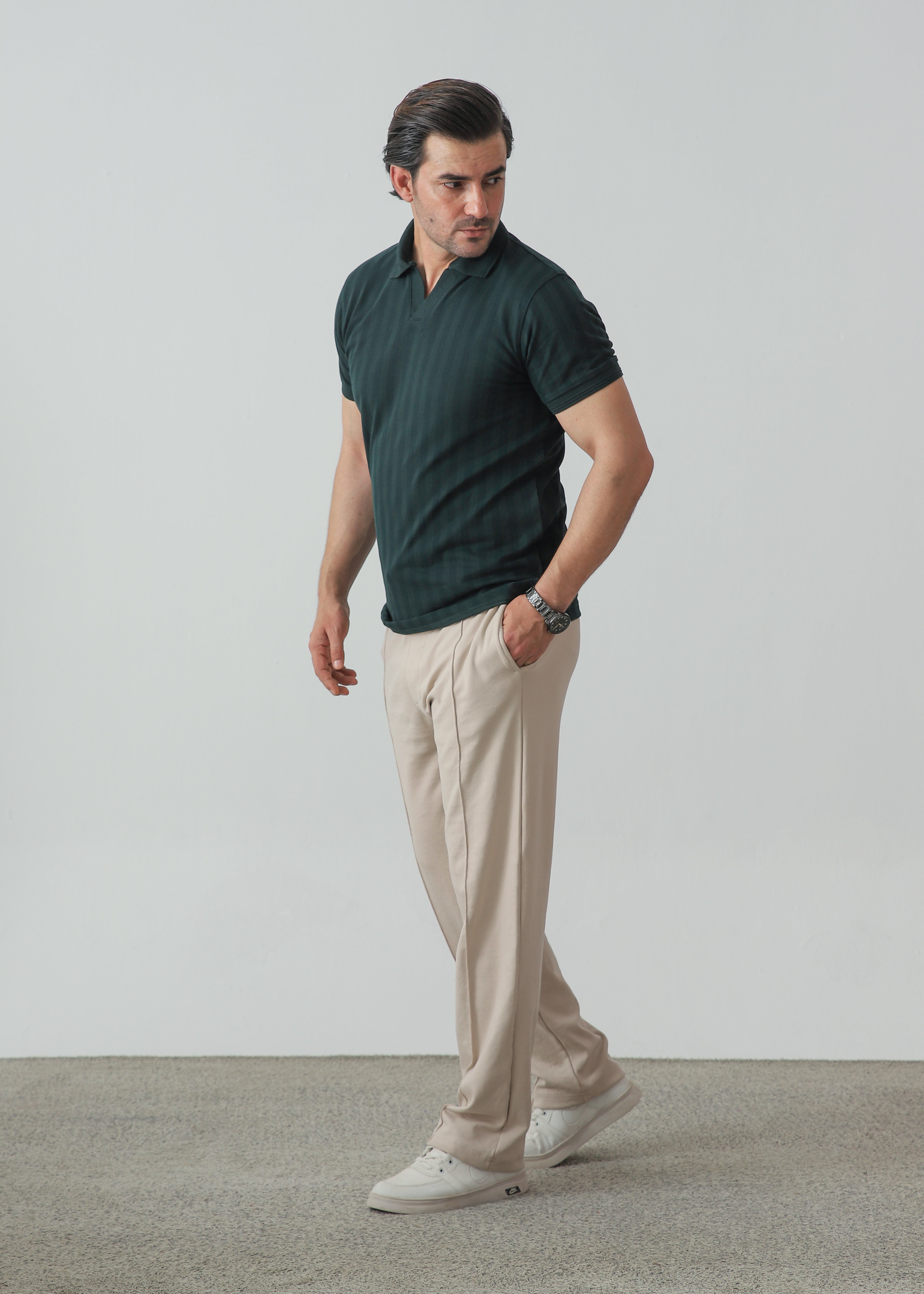 ZENETTI'S Signature Combo – Forest Green Johnny Collar Polo and Beige Pleated Trouser