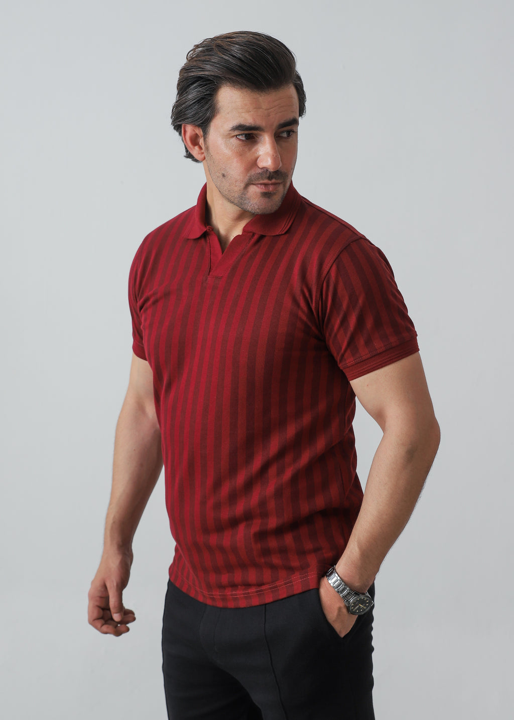 Pack of 3 – Green and Maroon Johnny Collar Polos with Ash Grey Drop Needle Polo