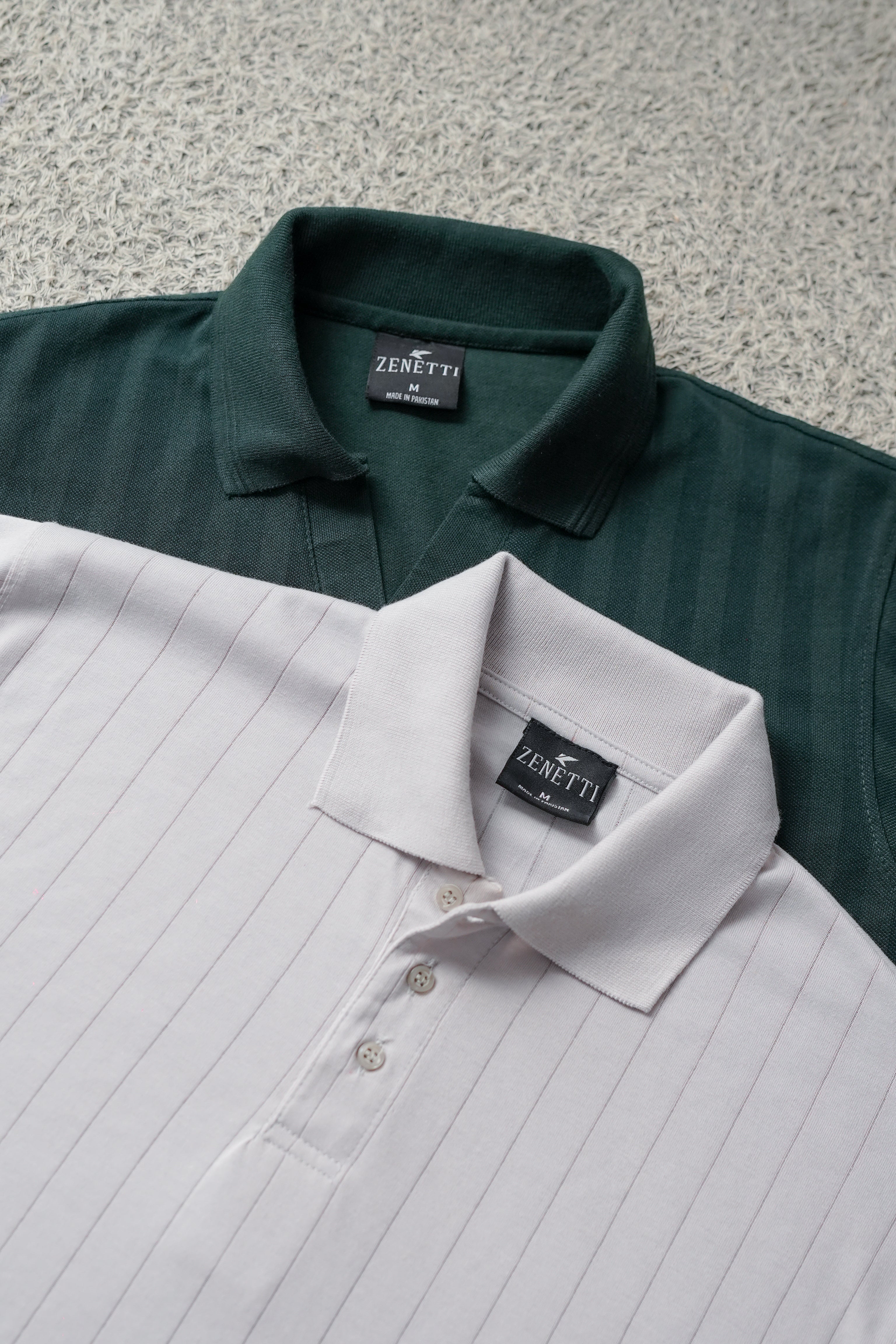 Pack of 2 – Forest Green Johnny Collar Polo and Ash Grey Drop Needle Polo - Zenetti