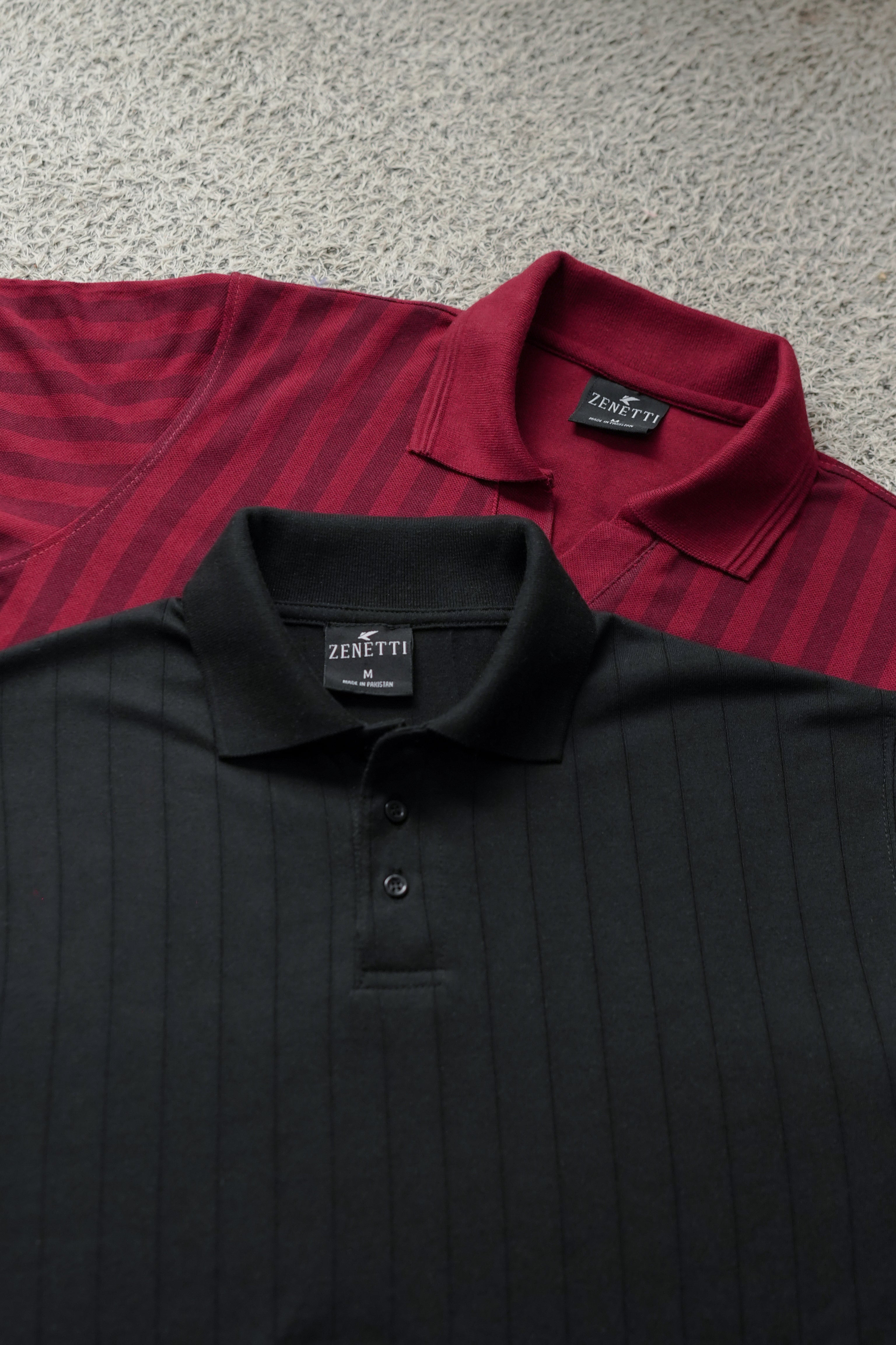 Pack of 2 – Maroon Johnny Collar Polo and Black Drop Needle Polo - Zenetti