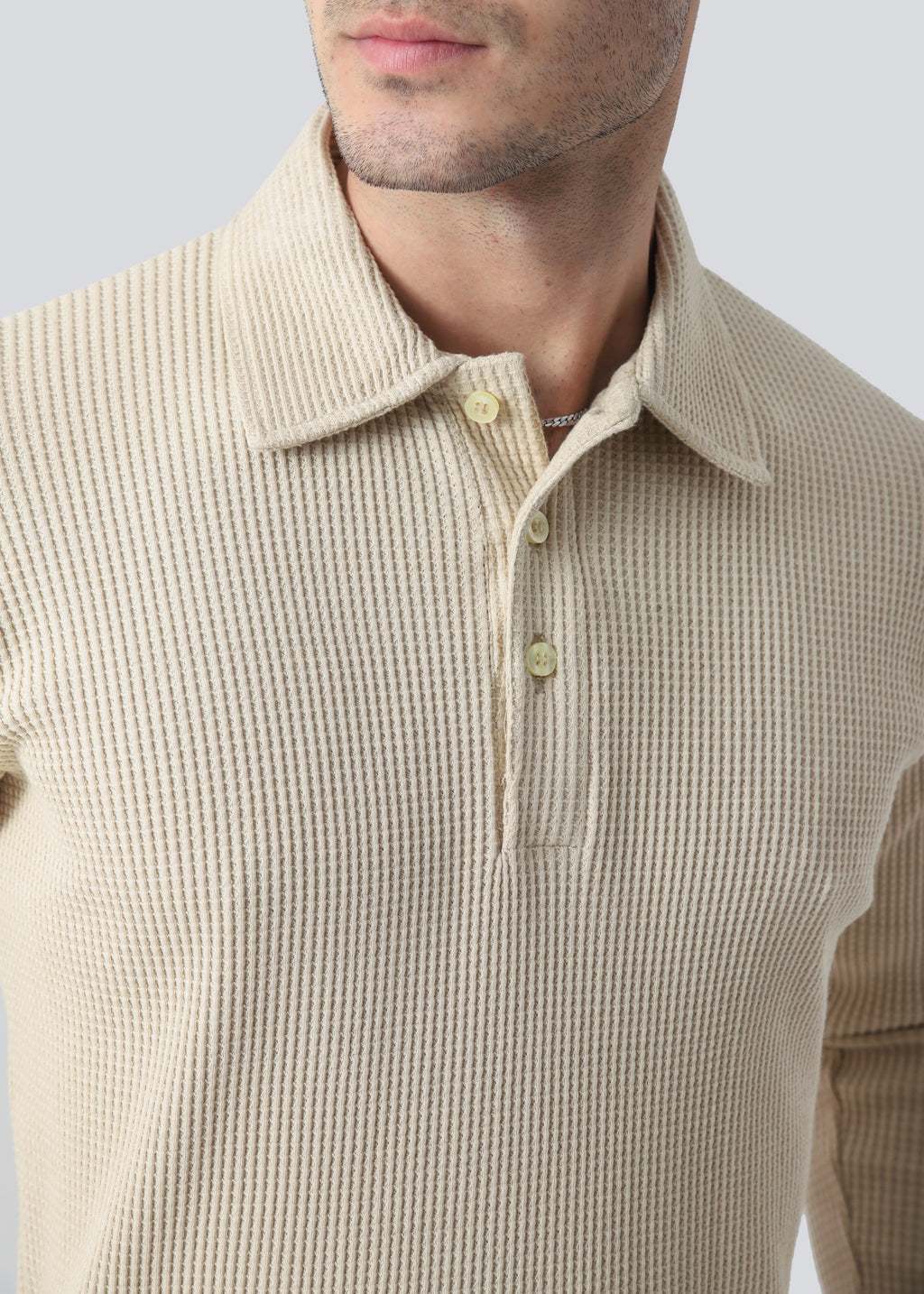 Waffle Knit Full Sleeves Regular Fit Polo - Beige - Zenetti