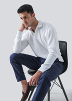 Waffle Knit Full Sleeves Relax Fit Polo - Brilliant White - Zenetti